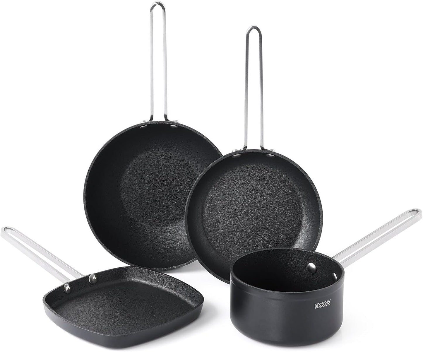 THE ROCK Single Serve Nonstick Pots and Pans Set, 4pc Portion Control Cookware Set with Rock.Tec, Scratch\/Stain\/Crack Proof, Oven & Dishwasher Safe, Perfect for Dorm, Camping & Small Kitchens, Black