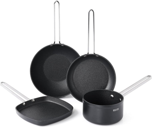 THE ROCK Single Serve Nonstick Pots and Pans Set, 4pc Portion Control Cookware Set with Rock.Tec, Scratch\/Stain\/Crack Proof, Oven & Dishwasher Safe, Perfect for Dorm, Camping & Small Kitchens, Black