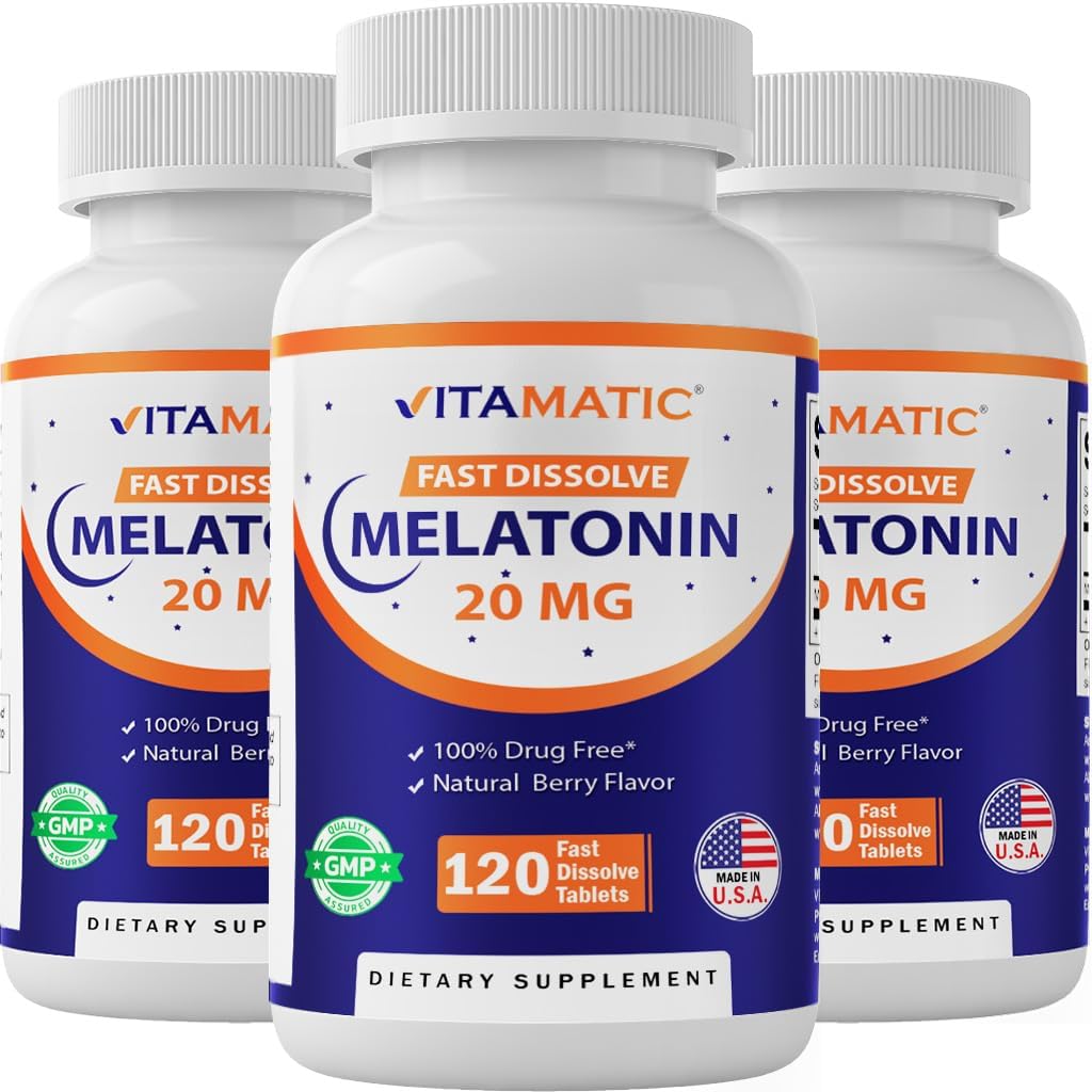 Vitamatic Melatonin 20 mg Tablets | Vegetarian, Non-GMO, Gluten Free | HIGH Potency 20 MG | Natural Berry Flavor (1/2 Tablets = Melatonin 10 mg) (120 Count (Pack of 3))