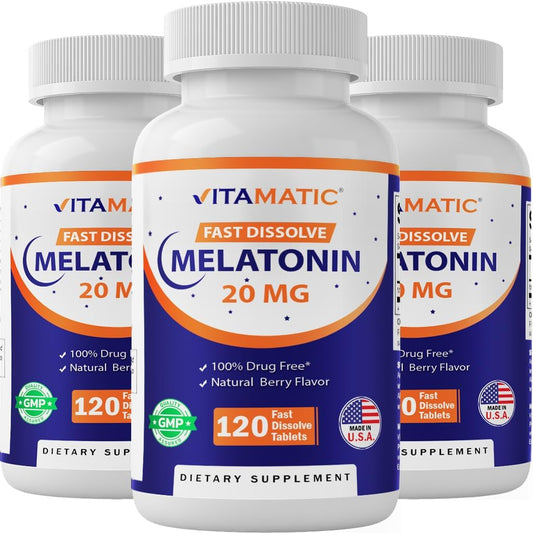 Vitamatic Melatonin 20 mg Tablets | Vegetarian, Non-GMO, Gluten Free | HIGH Potency 20 MG | Natural Berry Flavor (1/2 Tablets = Melatonin 10 mg) (120 Count (Pack of 3))