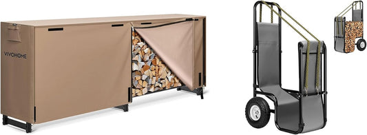 VIVOHOME 8ft Firewood Rack with Cover, Log Holder and Cover Combo Set with Zipper, Brown, with Firewood Cart Carrier with Rubber Wheels and Oxford Cloth, 250 LB Capacity Heavy Duty Steel Dolly Hauler