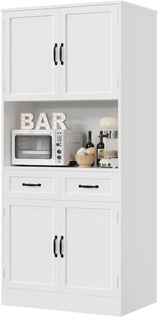 HOSTACK 71\u201C Tall Kitchen Pantry Storage Cabinet, Modern Kitchen Hutch Bar Cabinet with Microwave Stand, Wood Buffet Sideboard with Hutch, Cupboard with Drawers, Shelves for Dining Room, White