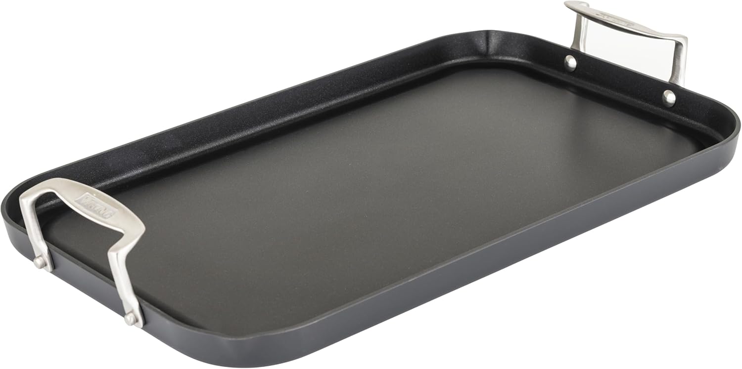 Viking Non Stick Double Burner Griddle, Hard Anodized Nonstick Kitchen Cookware Grill Pan with Handles, Oven Safe, Works on Electronic, Ceramic, and Gas Stove Tops, 19 x 11 Inch