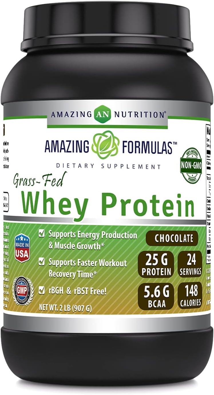 Amazing Formulas Grass-Fed Whey Protein Powder | 25 Grams Protein Supplement | Natural Sweetener and Flavor | Contains BCAA & EAA | Non-GMO | Made in USA (2 Lb, Chocolate)