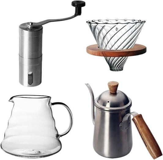 GRFIT Coffee Kettle Stainless Steel Wooden Handle Coffee Pot Set Manual Grinder Coffee Bean Maker Glass Coffee Thickened Filter Cup Sharing Pot Flow Spout for Coffee and Tea, XXCCHH-2021