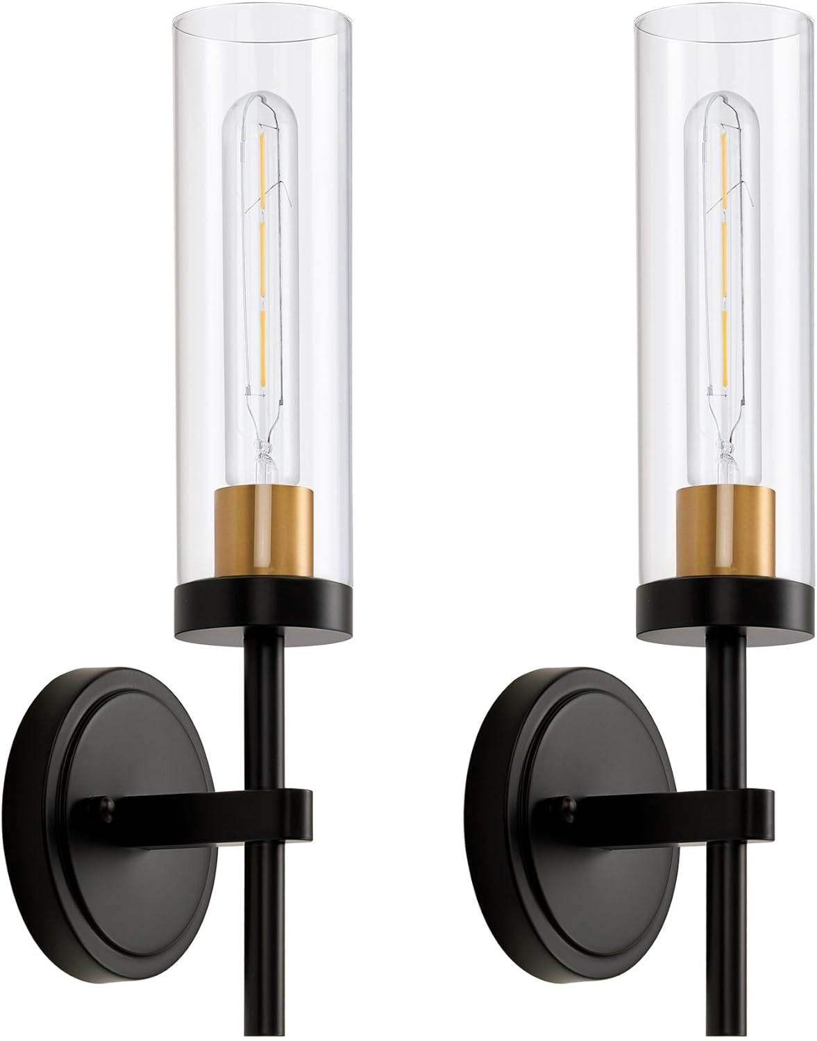 Black and Gold Hardwired Wall Sconces Set of 2, Modern Bathroom Vanity Sconces Wall Lighting with Clear Glass Shade, Farmhouse Wall Mount Lights for Mirror Bedroom Living Room Hallway Kitchen