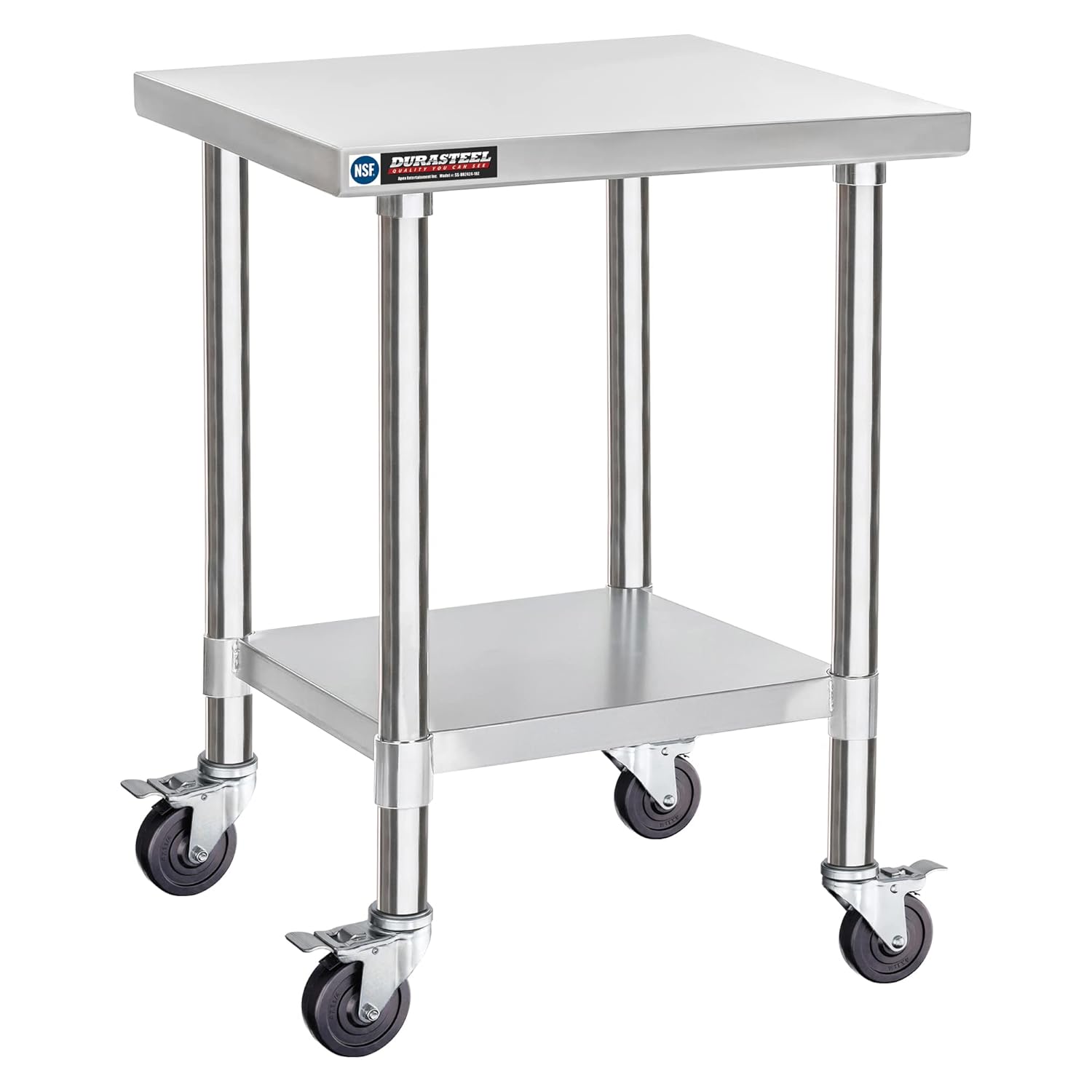 DuraSteel 24x24 NSF Stainless Steel Cart Work Table - Heavy Duty Rolling Food Prep Table - Metal Utility Cart on Wheels Caster, Grill Stand Microwave Outdoor Kitchen Tables Countertop Island Large Top