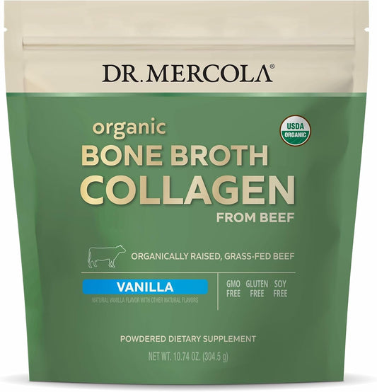 Dr. Mercola Organic Bone Broth Collagen Powder - Supports Bone Health & Muscle Growth - USDA Organic, Non-GMO, Gluten-Free & Dairy-Free - 30 Servings - Vanilla Flavor