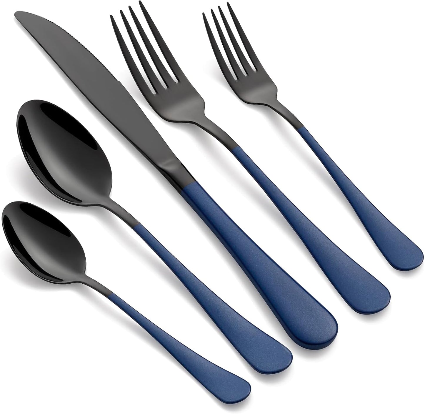 LKTDYMEG 20-Piece Black and Dark Blue Silverware Set 18\/0 Stainless Steel Silverware Set Dark Blue Handle Cutlery Set Service for 4 Dinner Knives Forks Spoons Set Flatware Set Finish Dishwasher Safe