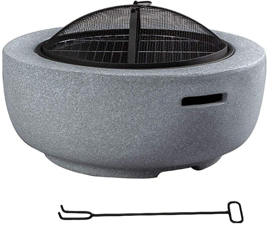 Concrete Fire Table, Round Patio Fire Pit, with Spark Screen, Fireplace Poker, Grate, and BBQ Grill for Outdoor Bonfire, Charcoal and Wood Burning Firepit Magnesium Oxide Base