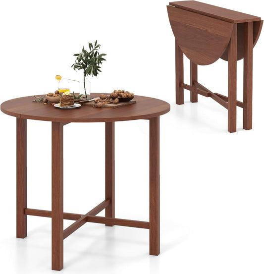 GOFLAME Round Drop Leaf Dining Table for 2-4 People, 36\u201D Folding Kitchen Table with Solid Wood Legs, Farmhouse Extendable Table for Dining Room, Living Room, Restaurant (Round, Walnut)