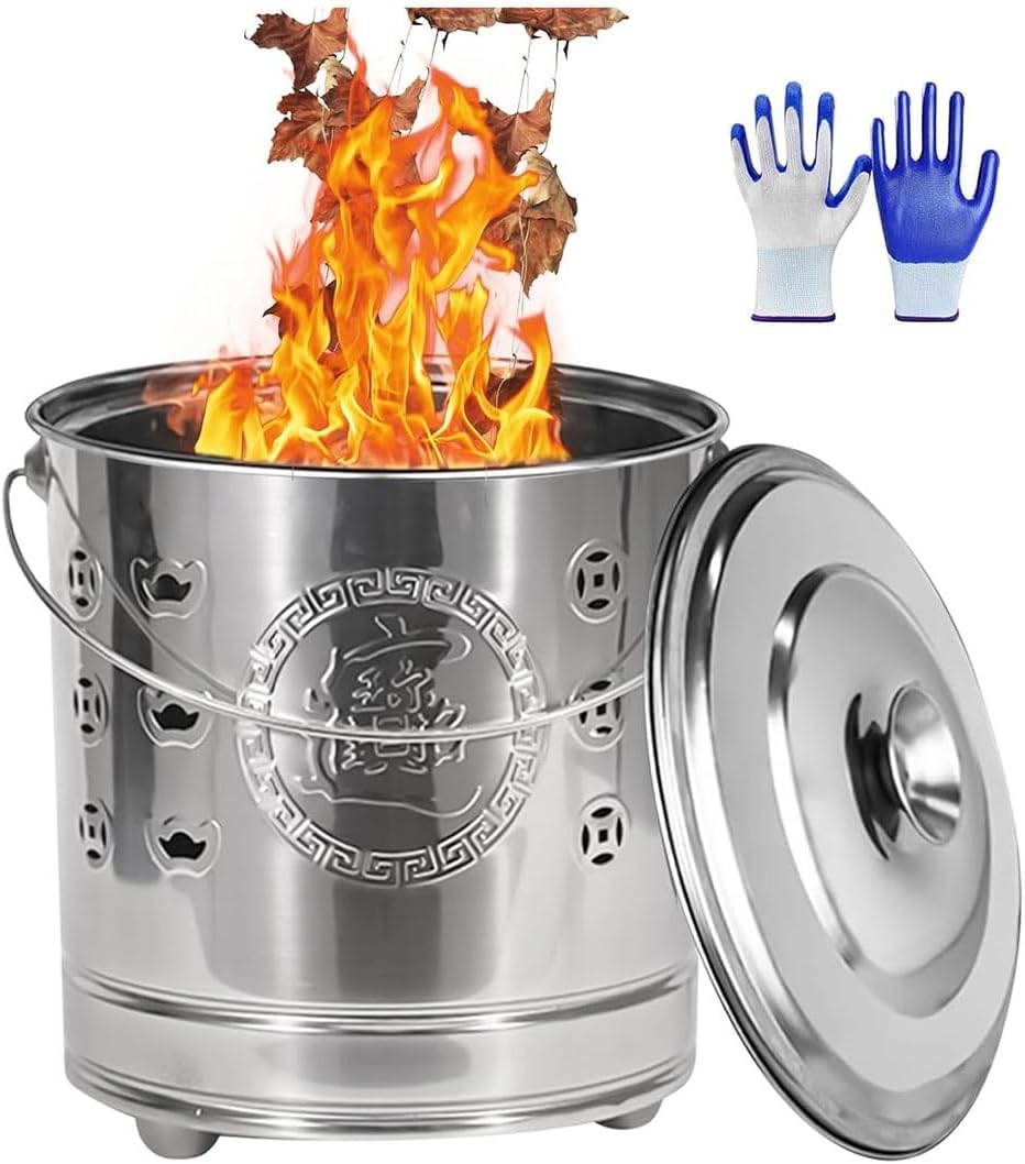 Burn Barrels for Outside, Hollow-Out Paper Burner with Lid, Stainless Steel Paper Burn Bucket, Portable Paper Burner Stainless SteelBarrel Incinerator(White)