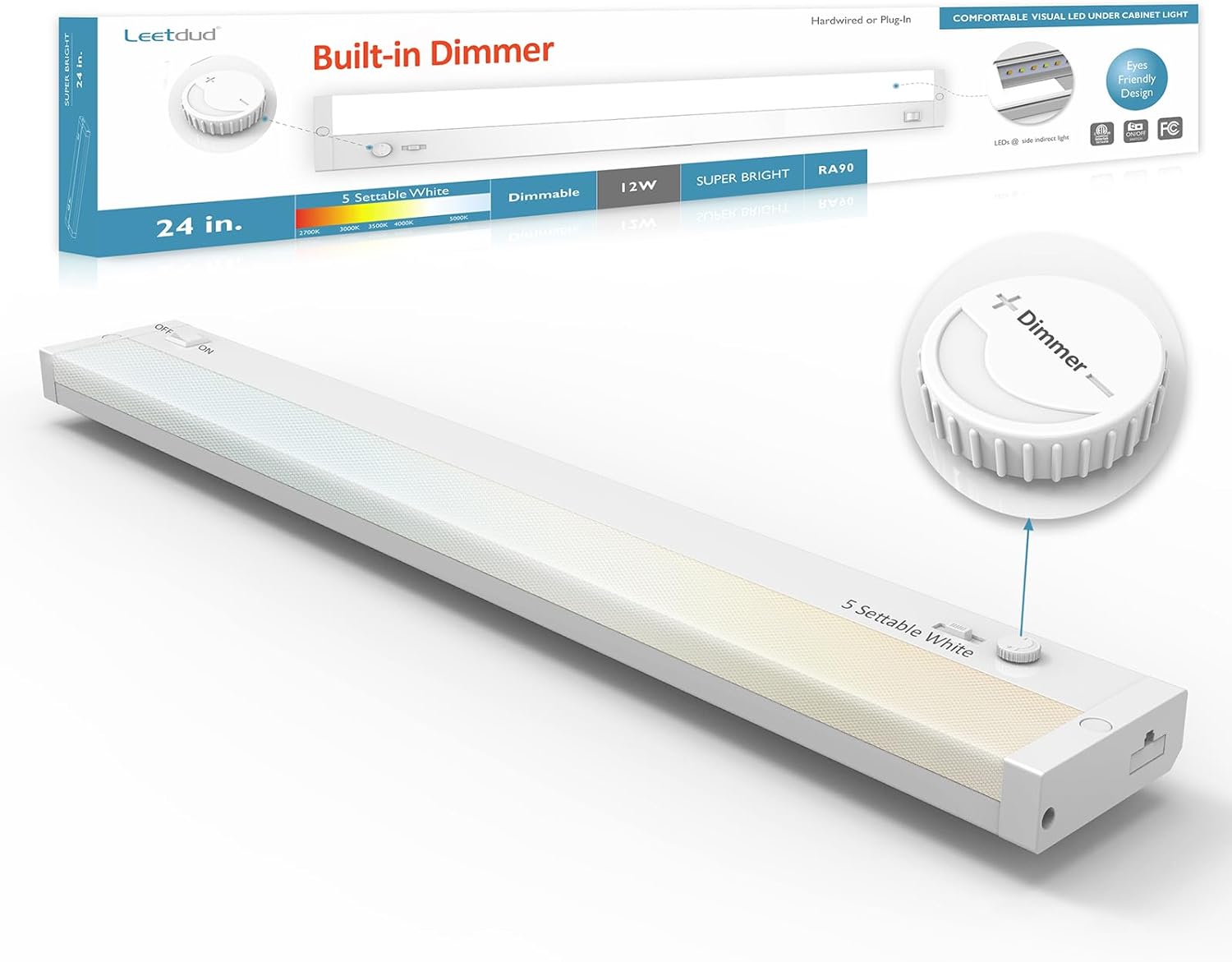 Leetdud Under Cabinet Lighting Plug in or Hardwired Built-in Dimmer, 24 Inch 12W, 5CCT 2700\/3000\/3500\/4000\/5000K, Linkable Counter Lights for Kitchen, ETL Dimmable LED Light Fixture, White
