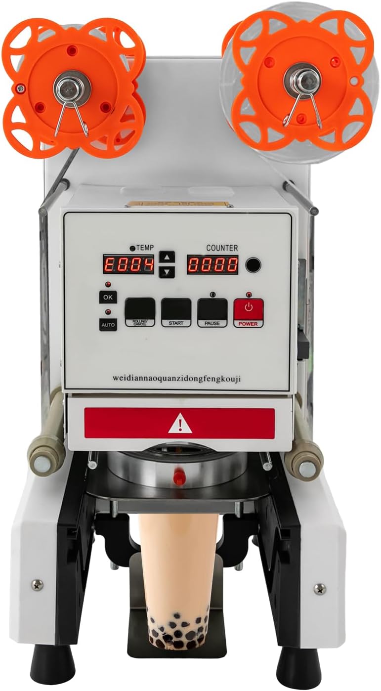 LyeXD 350W Cup Sealing Machine, Full Automatic Cup Sealer Machine Digital Control LCD Panel Cup Sealer,Electric Tea Cup Sealing Machine for Plastic and Paper Cup with a Height within 7.09in (White)