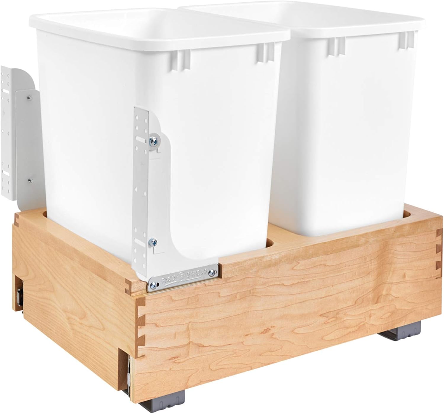 Rev-A-Shelf Double 35 Qt Wood Bottom Mount Pullout Under Cabinet Trash Can Waste Container with Full Extension Ball Bearings, Maple Wood, 4WC-18DM2