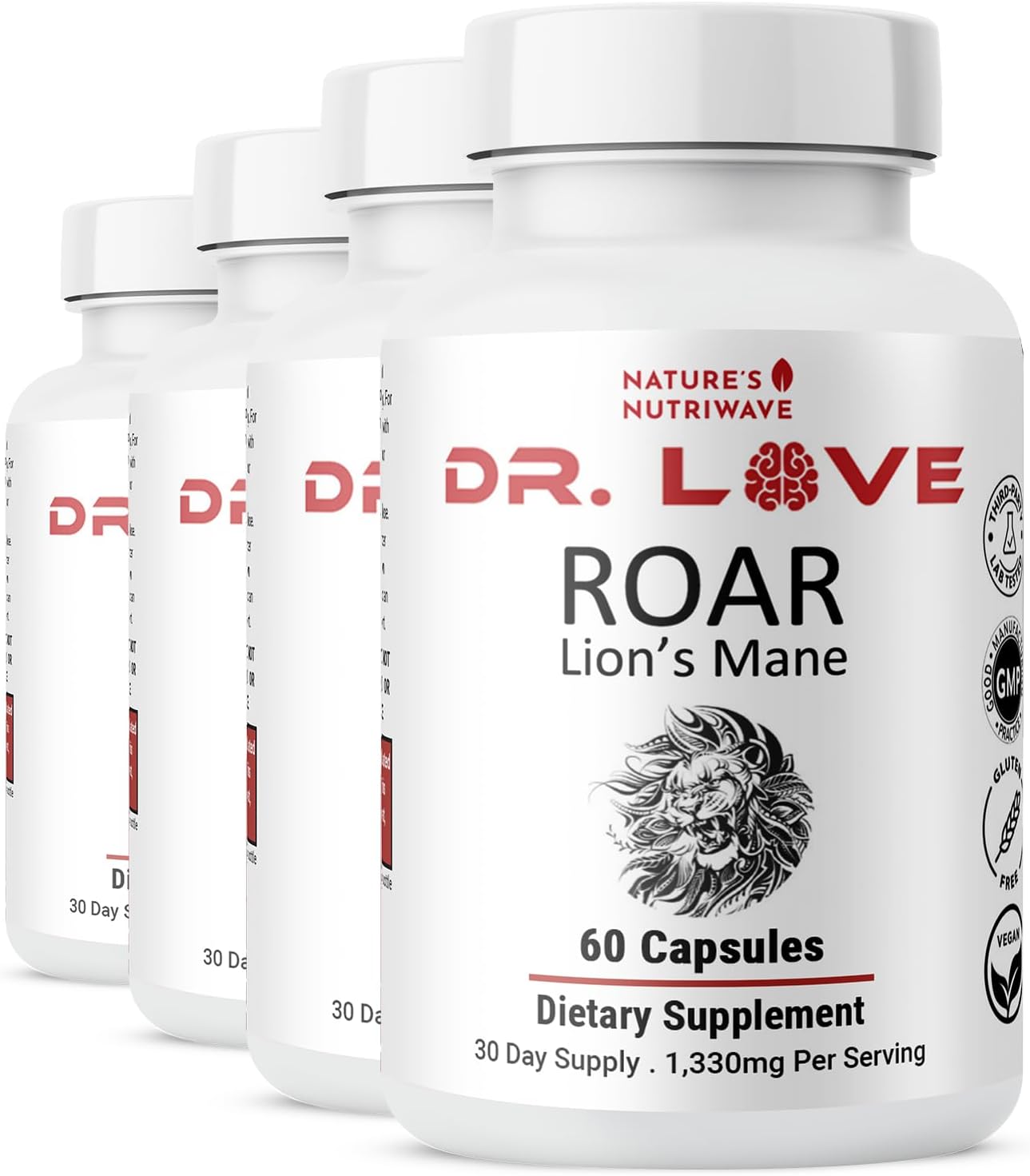 Nature\u2019s NutriWave Dr. Love Roar Lion\u2019s Mane Mushroom Supplement \u2013 Plant-Based Formula with Cordyceps, Reishi & Shiitake \u2013 Vegan, Gluten-Free, GMP Certified, Made in USA \u2013 60 Capsules, 4 Month Supply