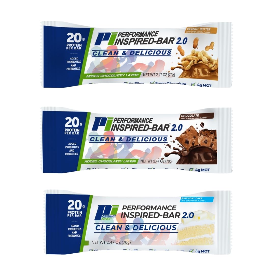 Performance Inspired Nutrition Protein Bar 2.0 Mixed Box – 12 Bars (4 Chocolate, 4 Peanut Butter, 4 Birthday Cake) – 20G Protein, 6G Fiber, 4G MCTs, 1 Billion CFU Probiotics – Gluten-Free
