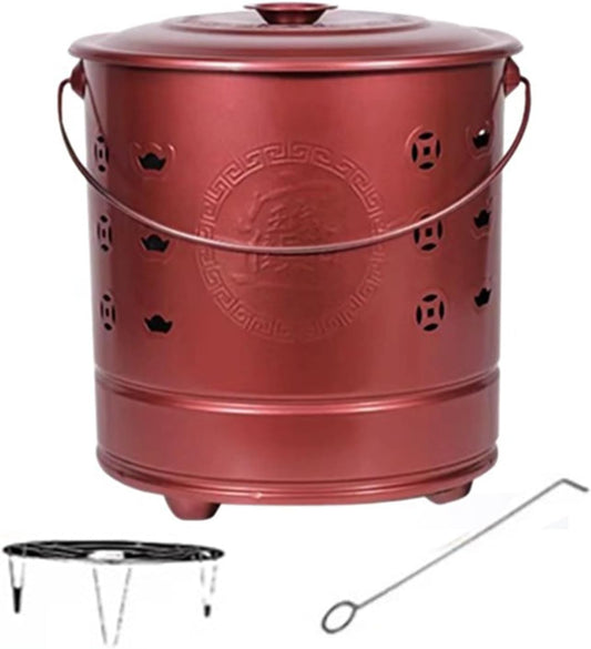 Garden Stainless Steel Outdoor Smokeless Burn Barrels Outside Incinerator Fire Pit for Burning Trash, Burn Cage with Fire Hooks & Handle Bonfire Incineration Barrel for Backyard Leaf Paper Wood.(Red,4