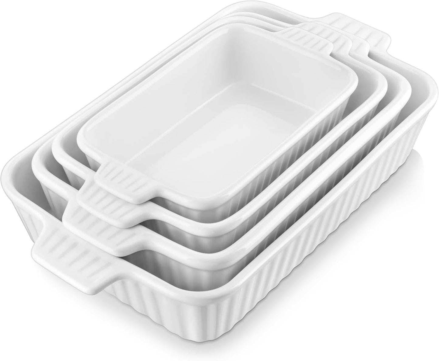 MALACASA Casserole Dishes for Oven, Porcelain Baking Dishes, Ceramic Bakeware Sets of 4, Rectangular Lasagna Pans Deep with Handles for Baking Cake Kitchen, White (9.4"\/11.1"\/12.2"\/14.7"), Series