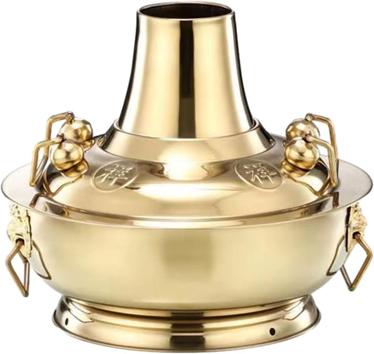Chinese Fondue,Chinese Charcoal hotpot, Hot Pot Copper Charcoal Cookware Soup Chinese Natural Gas Available Outdoor Hot Pot Traditional Charcoal Copper Hotpot(Gold,36cm)