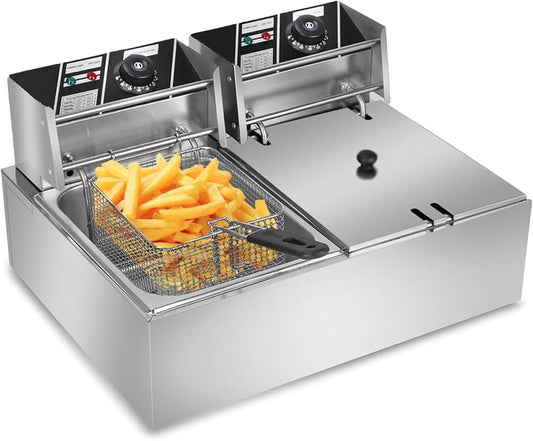 12.7QT Electric Deep Fryer with Baskets & Lids, Commercial Deep Fryer with Temperature Control, Stainless Steel Fryer, Countertop Fryers for Home Kitchen and Restaurant, 2500W