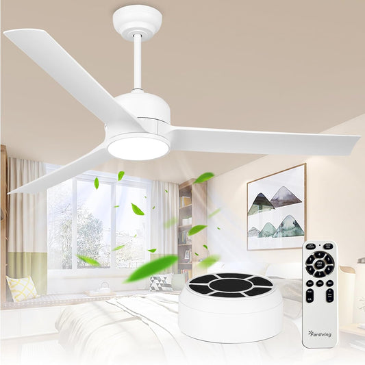 Fanliving 52 Inch White Ceiling Fan with Filters, Quiet DC Motor 3 Blade Ceiling Fan with Lights Remote Control, Dimmable 3 Colors LED\/6 Speed High CFM for Home Kitchen\/Living Room\/Bedroom