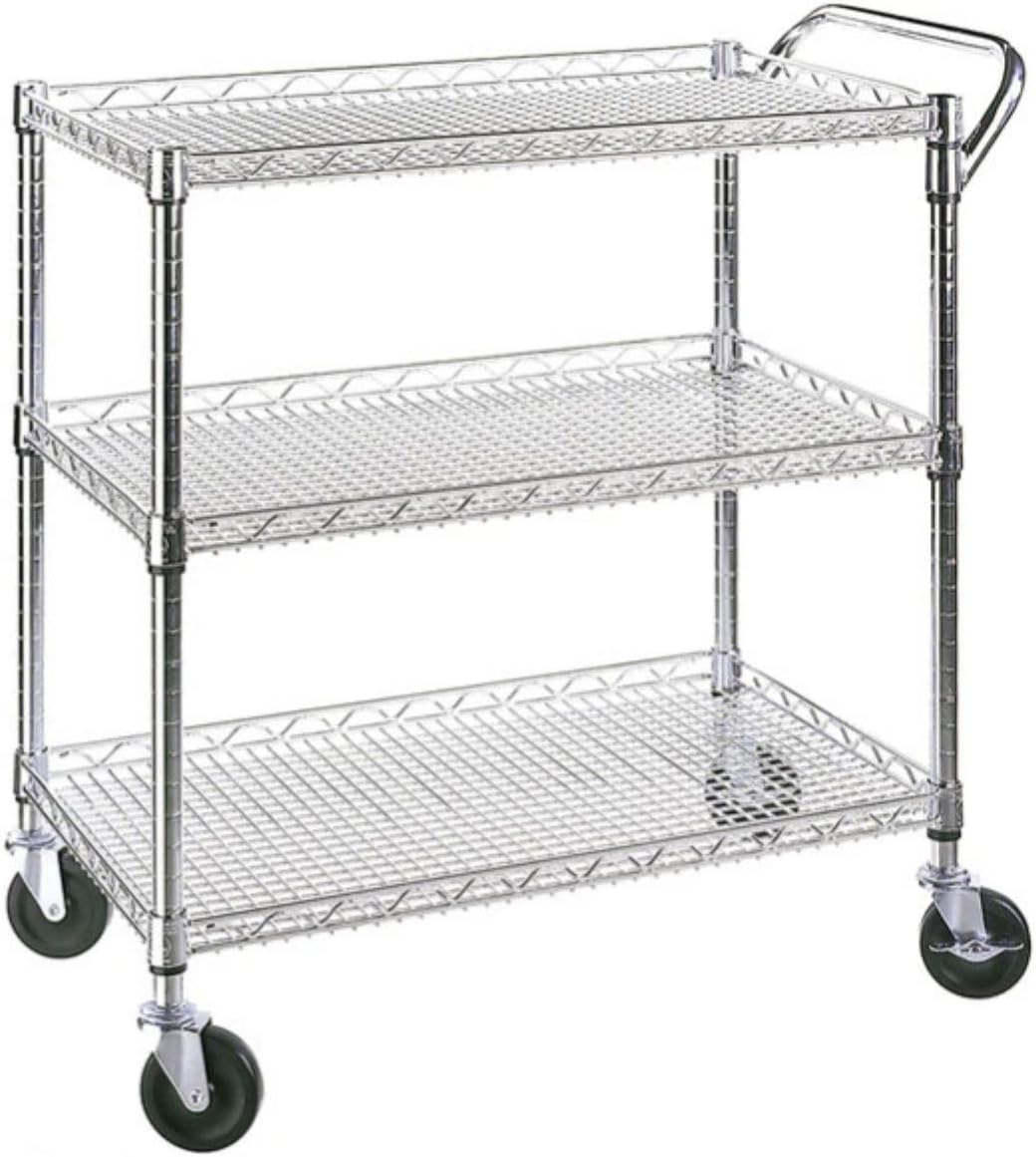 Heavy Duty 3 Tier Rolling Utility Kitchen Cart on Wheels,Large 45"L x 17 1/2"D x 45"H Metal Serving Cart Commercial Grade with Wire Shelving and Handle Bar for Office School Church Kitchen Hardware