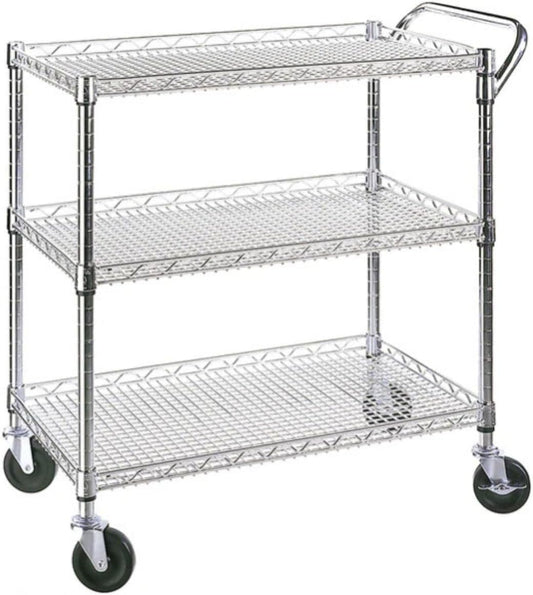 Heavy Duty 3 Tier Rolling Utility Kitchen Cart on Wheels,Large 45"L x 17 1/2"D x 45"H Metal Serving Cart Commercial Grade with Wire Shelving and Handle Bar for Office School Church Kitchen Hardware