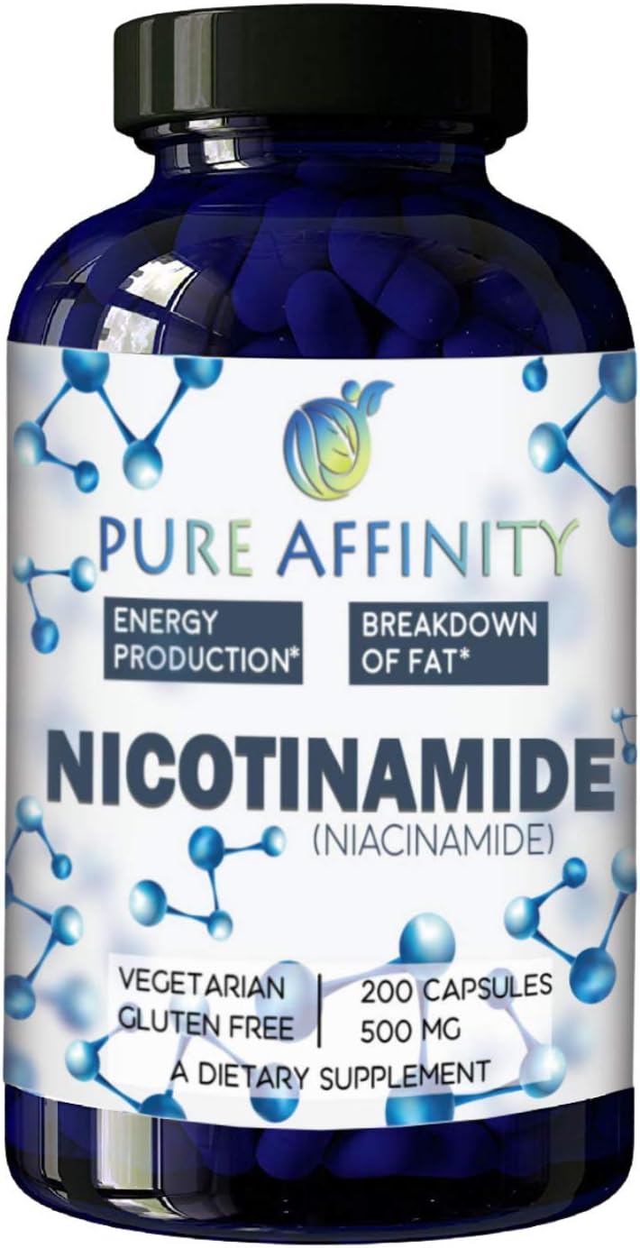 Pure Affinity LLC 200 Count! B3 Nicotinamide 500 mg Effective Flush-Free Niacin. Energy Booster, Cell Regenerator, Supports Cognitive Decline, Anti-Aging and Helps Breaks Down Carbs & Fats (200 Ct)