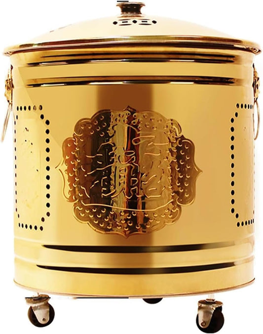 Stainless Steel Burn Barrels for Outside for Burning Trash,Garden Waste Incinerator with Wheels and Handle,Metal Burn Cage for Paper,Leaf,Yard Debris(10.2" D x 12.4" H, Gold)