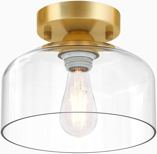 Semi Flush Mount Ceiling Light Brushed Gold - Clear Glass Pendant Lamp Shade, Modern Farmhouse Light Fixture for Hallway Corridor Kitchen Entryway Bedroom, Bulb Not Included