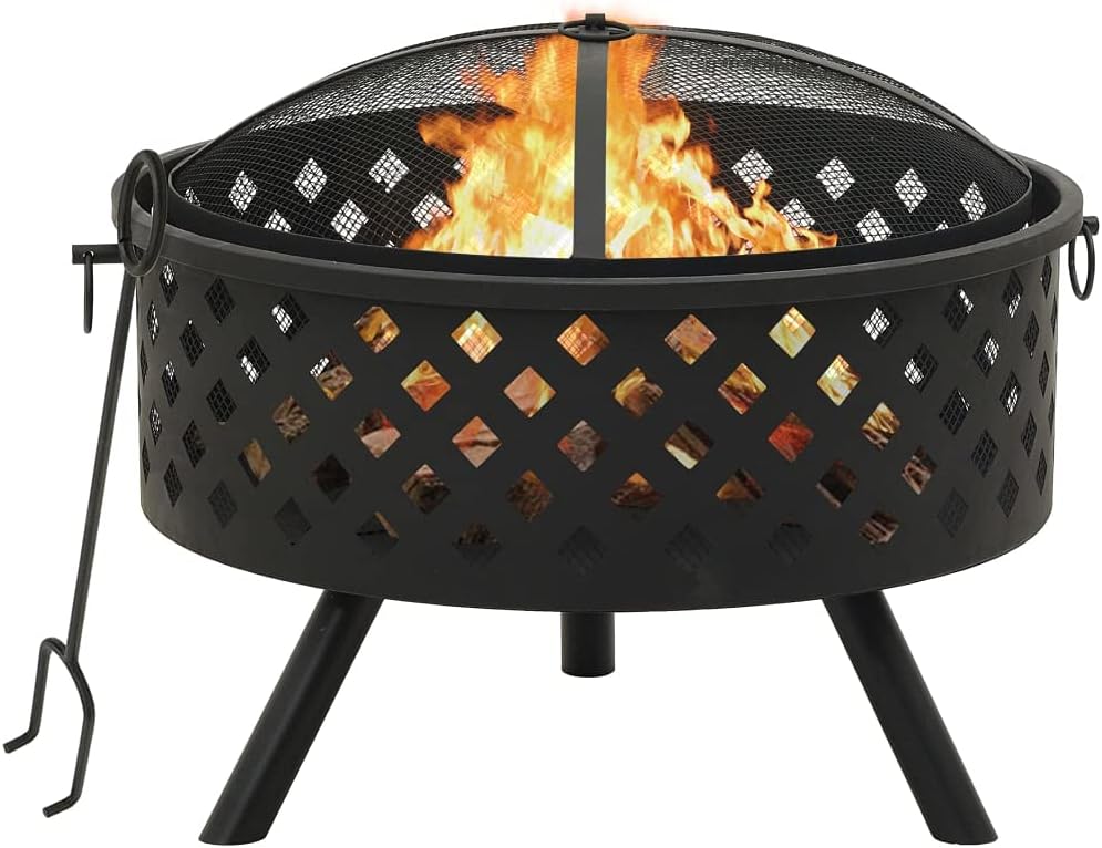 Fire Pit with Poker Steel Fire Pit with Mesh Cover for Outdoor Garden and Patio Heating 26.8" XXL Steel