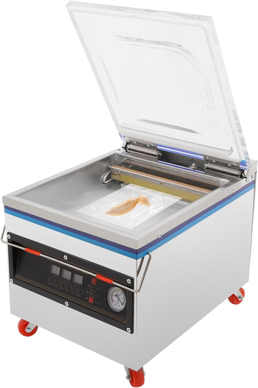 360W Tabletop Food Vacuum Packaging Machine, 110V Stainless Steel Compact & Portable Chamber Vacuum Sealer Silver Commercial Meat Sealers Food Vacuum Packing Machine with Clear Lid