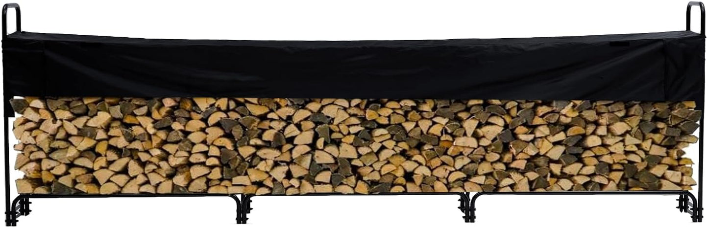 TROPOW Heavy Outdoor Firewood Rack with 600D Waterproof Cover, 12.5FT Firewood Holder Steel Lumber Storage Carrier Organizer, Black
