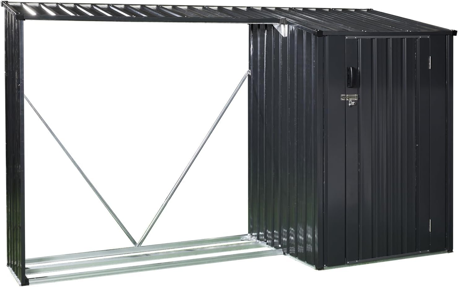 8.55 * 5.3FT Outdoor Firewood Rack & Storage Shed 2-in-1, Steel Wood Holder with Tool Compartment and Sloped Roof