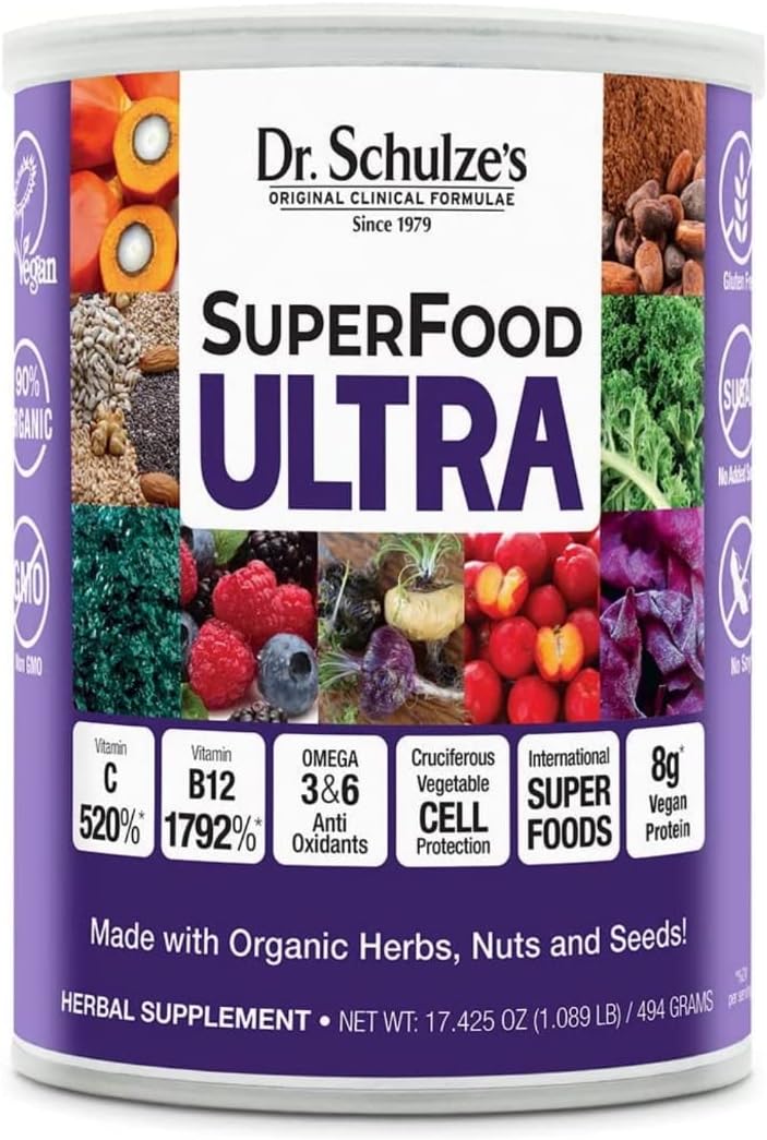 Dr. Schulze's SuperFood Ultra | Organic Super Food Powder | Vitamin B Complex and 520% Vitamin C | May Help Boost Energy & Improve Fitness | Vegan, Non-GMO & Gluten-Free | 17.4 Oz