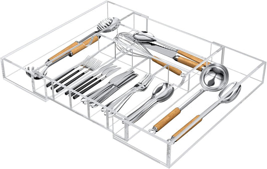 NIUBEE Expandable Kitchen Drawer Organizer for Flatware and Utensils,Clear Acrylic Adjustable Silverware Tray for Drawer,Office,Bathroom Supplies-9 Compartments