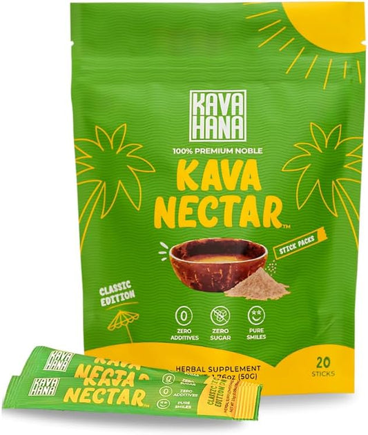 Kava Nectar Classic Noble Kava Nectar Powder Stick Packs: Ceremonially Enjoyed for Social Uplift & Everyday Stress Support, Instant Kava Dried Kava Juice: 20 All-Natural Sticks
