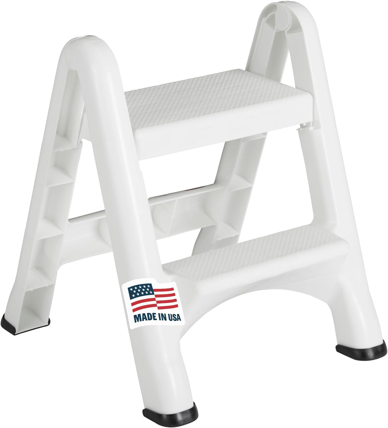 Rubbermaid Two-Step Folding Foot Stool 14-Inch High White 300 Pound Capacity Small Step Stool for Adults\/Kids for Use in Library\/Kitchen\/Bathroom\/Garage\/Closet