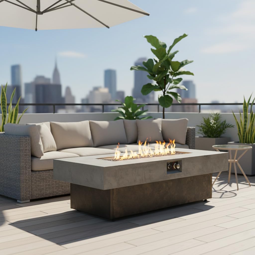 55 x 23 Inch Tabletop Propane Fire Pits 50,000 BTU Outdoor Firepit Table with 3 Adjustable Heights, Cement-Texture Surface, Electronic Ignition & Complete Accessories for Patio, Balcony & Backyard