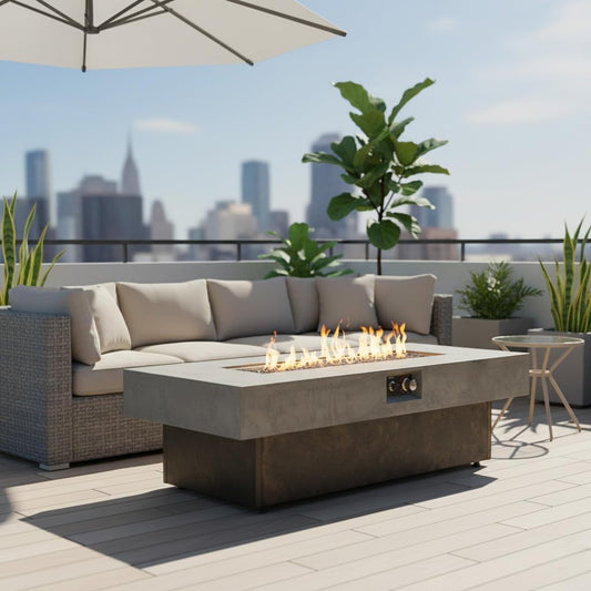 55 x 23 Inch Tabletop Propane Fire Pits 50,000 BTU Outdoor Firepit Table with 3 Adjustable Heights, Cement-Texture Surface, Electronic Ignition & Complete Accessories for Patio, Balcony & Backyard