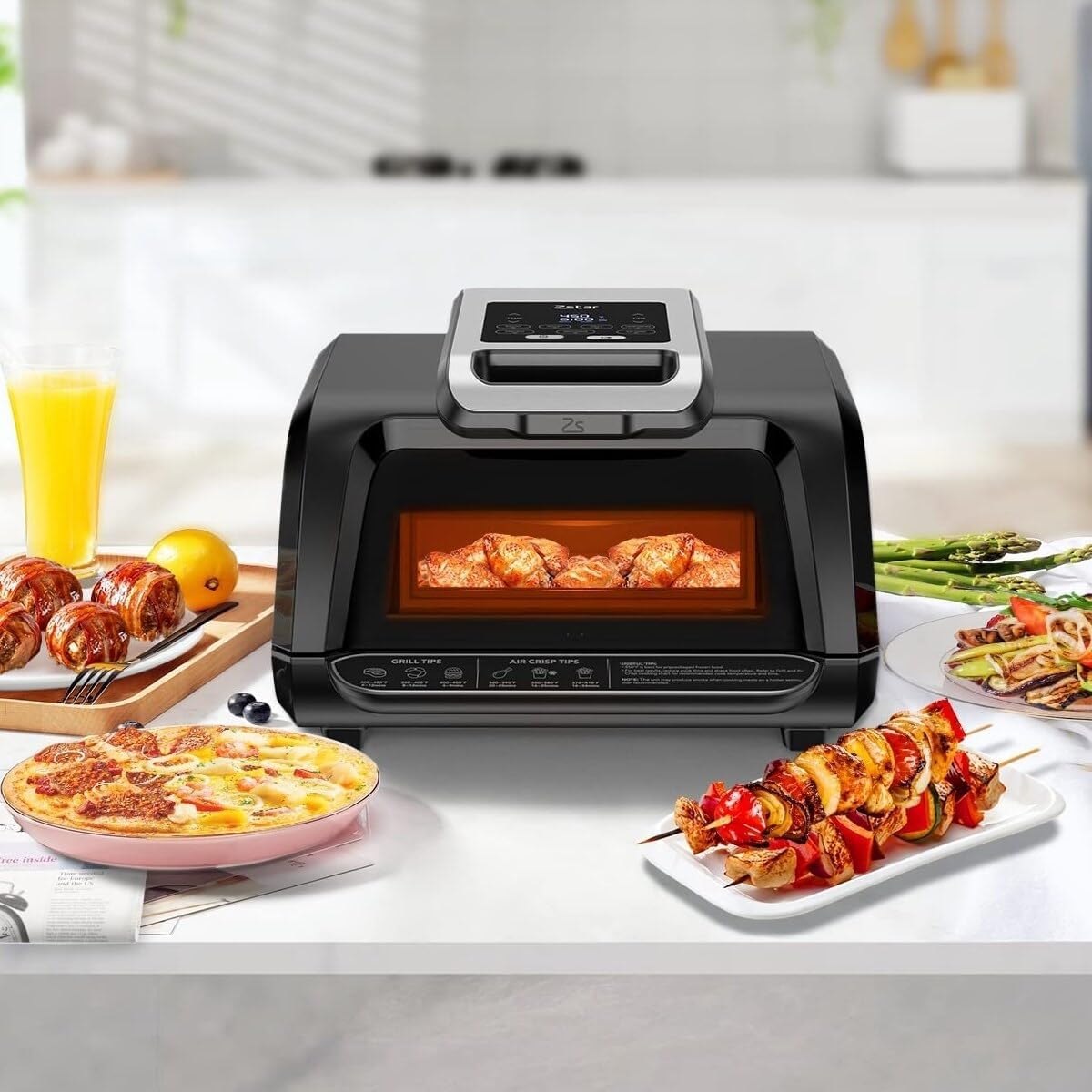 7-in-1 Smokeless Indoor Grill Air Fryer Combo 4-Quart Electric with Visible Window Black Stainless Steel Non-Stick Surface Variable Temperature Control