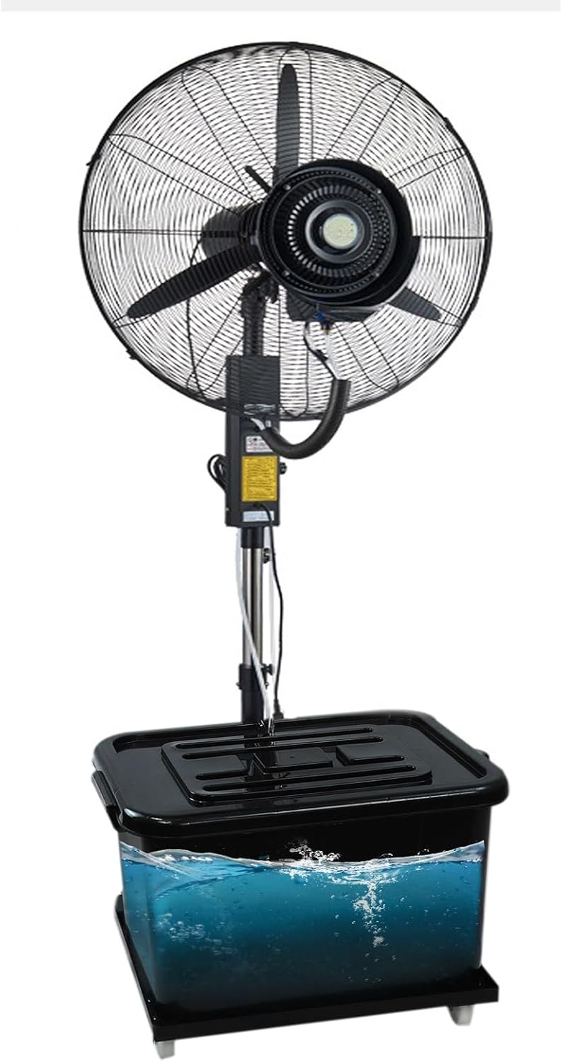 Standing Misting Fan Adjustable Height Outdoor Industrial Floor Pedestal Fan With Misting 90° Oscillating 3 Speed Setting 42L Large Capacity Tank 65\/75cm(26in)