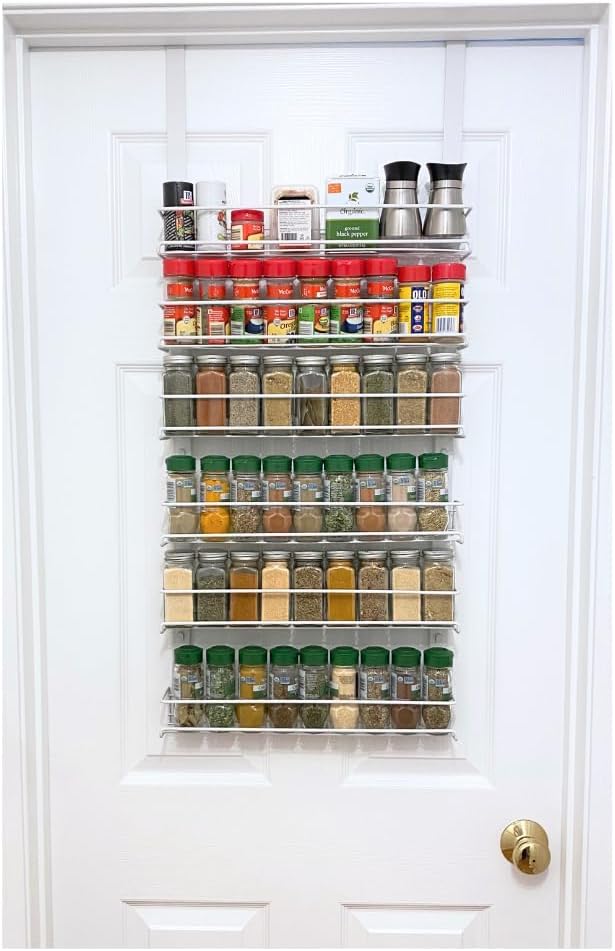 Evelots Over the Door Pantry Spice Rack Organizer -6 Tier -Holds up to 54 Spices- Adjustable Metal Baskets for Kitchen, Bathroom Storage & Organization (White) No Tool Easy Install