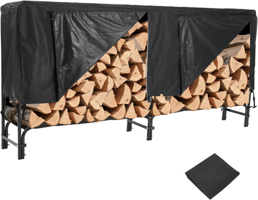 8FT Firewood Rack with Waterproof Cover, Heavy Duty Outdoor Wood Holder - Large Steel Mesh Log Storage Organizer for Fireplace, Patio, Backyard - Weatherproof & Ventilation Design, Easy Assembly