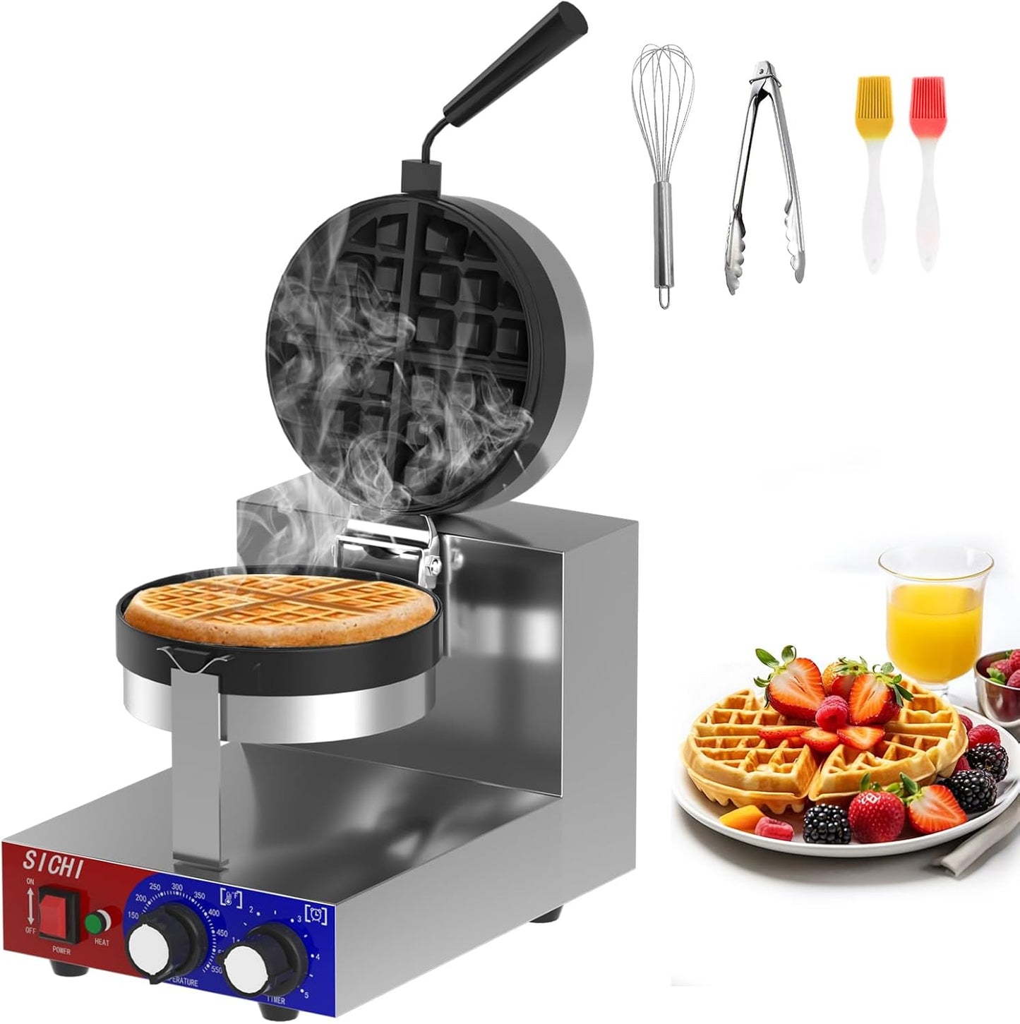 HTTSICHI Commercial Waffle Maker - Belgian Waffle Maker w\/Non-stick Baking Pan and 550℉ Heating, 1200W Rotating Waffle Iron for 1.2" Thick, Stainless Steel Round Waffle Machine for Restaurant