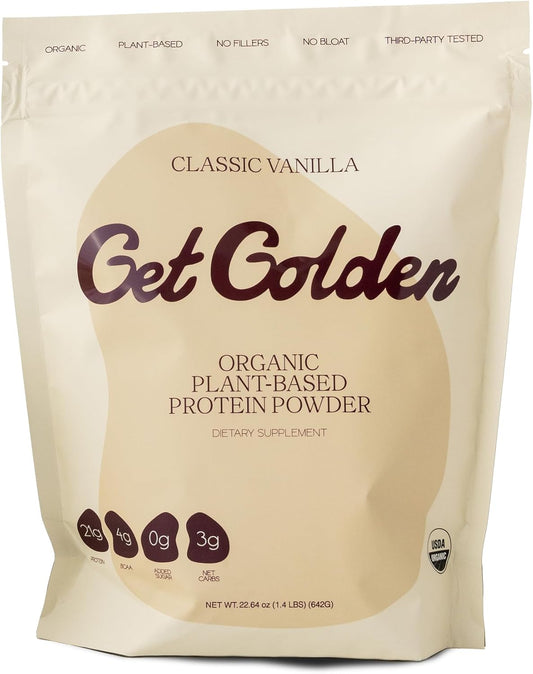 Get Golden Organic Classic Vanilla Protein Powder | 21g of Plant Based Protein Powder | Low Carb, Gluten Free, Dairy Free, No Added Sugar, Non-GMO | For Shakes & Smoothies (20 Servings, 1.4lb Bag)
