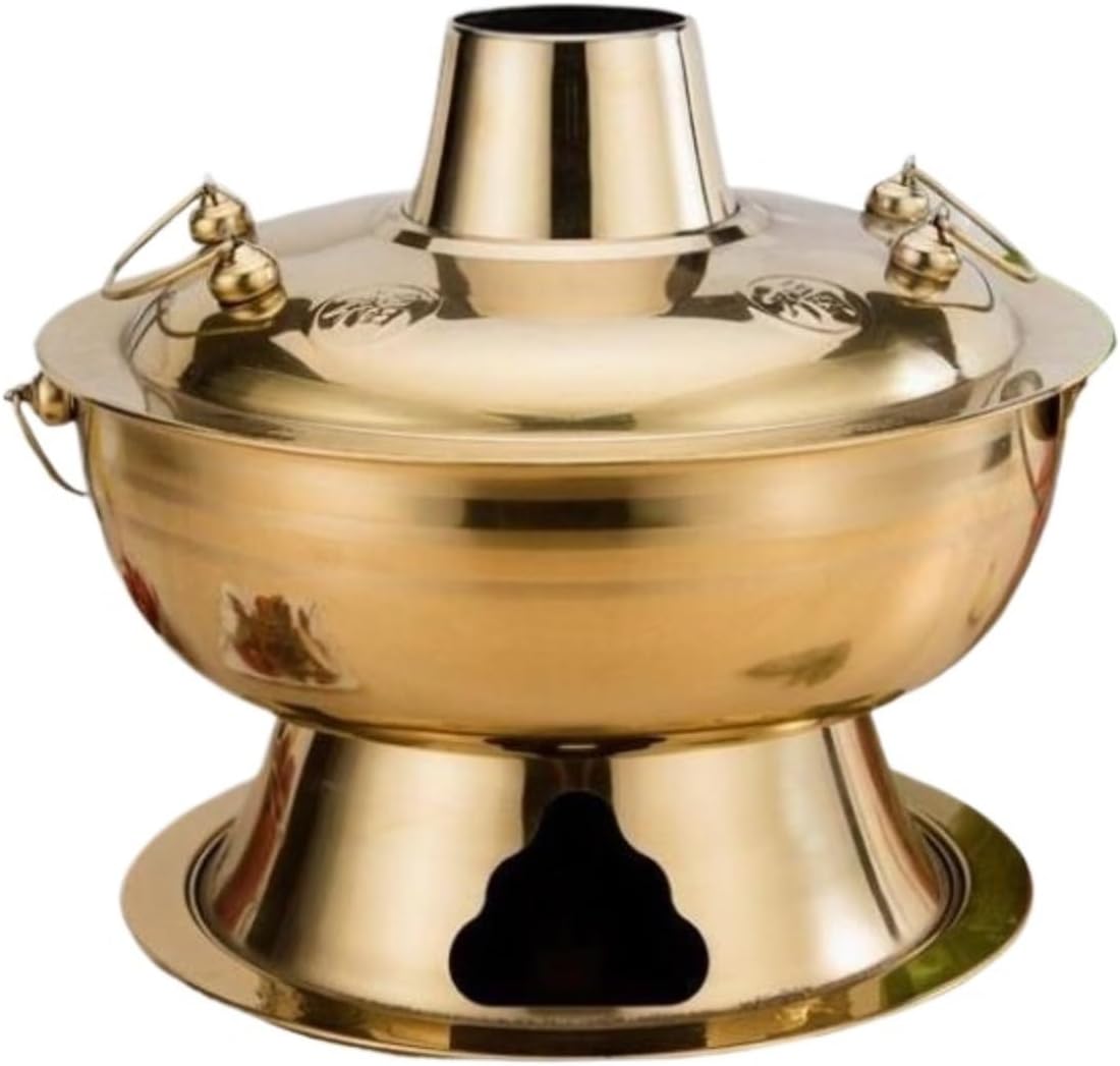 Copper hot pot， Hot Pot Cooker Chinese Hot Pot Stainless Steel Traditional Charcoal Heating Soup Cookware Chinese Hot Pot,A-28cm(Gold,34cm)