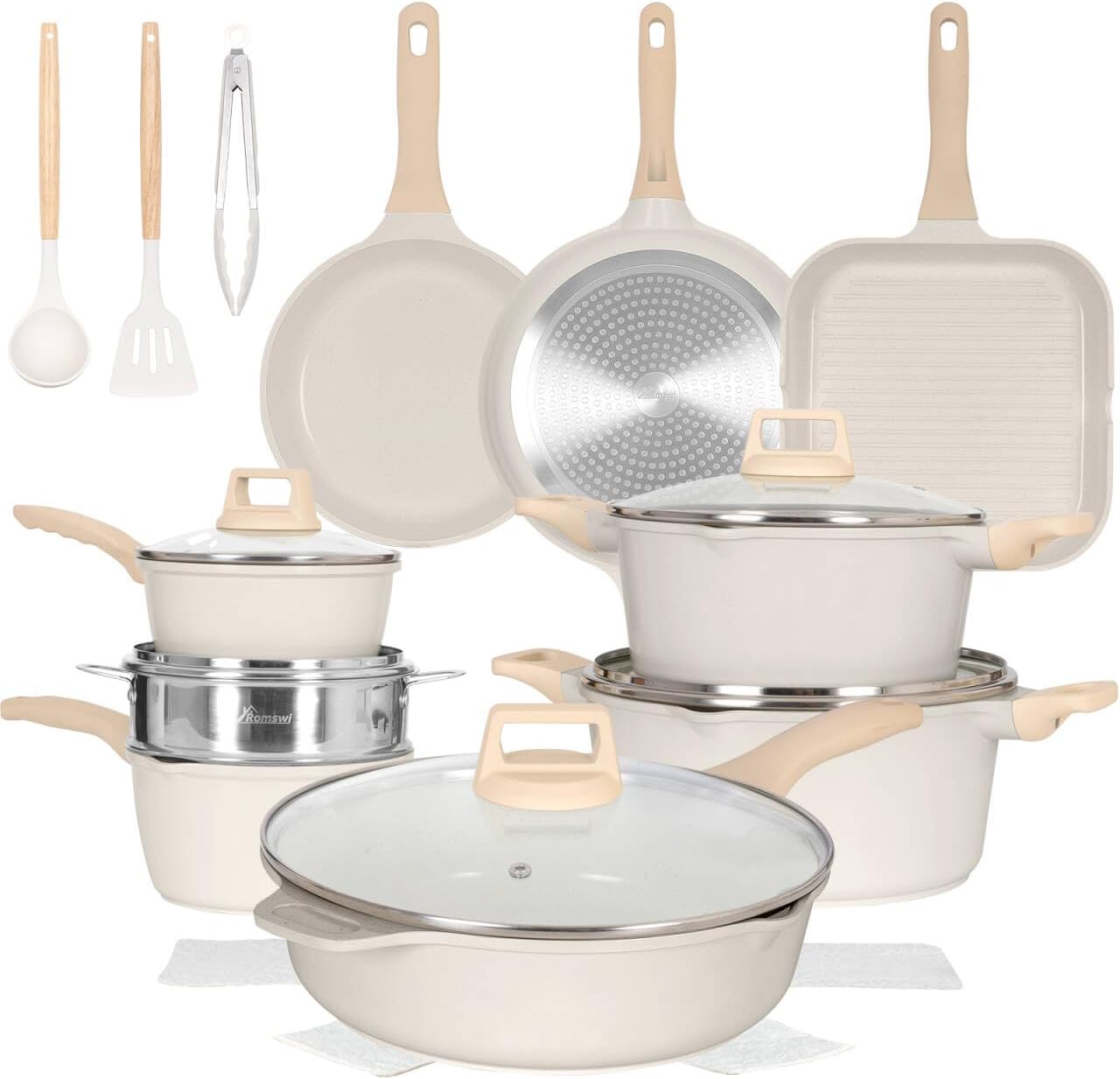 Romswi 23pcs Pots and Pans Set Non Stick, Kitchen Cookware Set with Casserole, Frying & Saucepans, Oven Safe & Stovetop Agnostic Non Toxic Cookware(Gas, Electric & Induction) - White