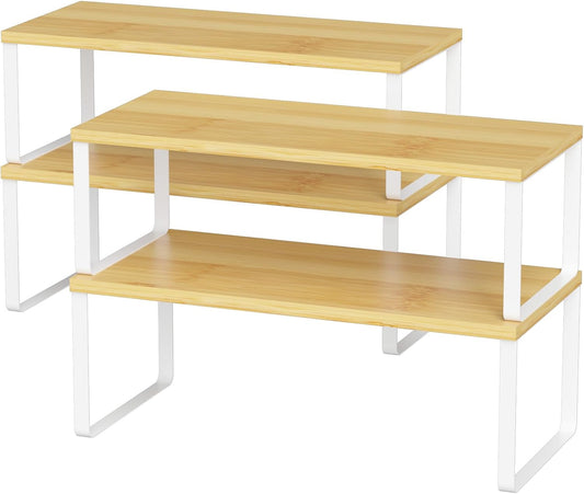 NEX Kitchen Cabinet and Counter Shelf Organizer, Stackable & Expandable, Set of 4, White and Natural - 7.7 x 15.6 x 6.2''